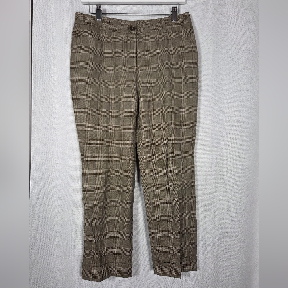 Akris Punto Brown Plaid Cropped Cuffed Cotton Wool Pants Women's Size 6 Trousers